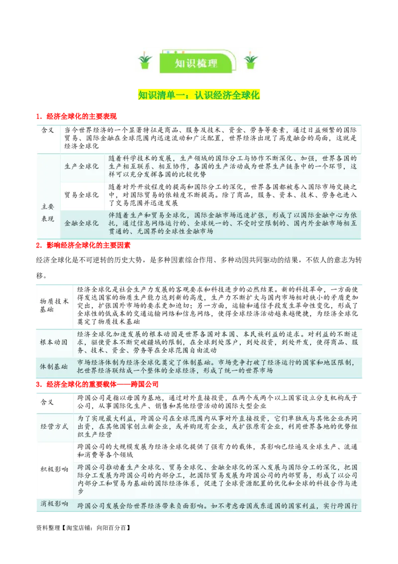 专题32走进经济全球化_新高考复习资料_2024年新高考资料_一轮复习资料_口袋书2024年高考政治一轮复习知识清单（新高考通用）