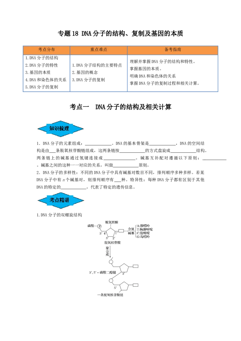 专题18DNA分子的结构、复制及基因的本质（串讲）（原卷版）_2024年新高考资料_1.2024一轮复习_备战2024年高考生物一轮复习串讲精练（新高考专用）