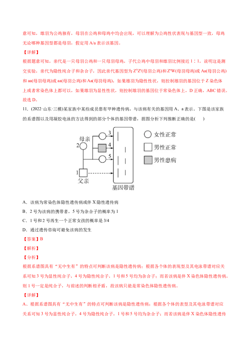 专题07伴性遗传和人类遗传病-2022年高考真题和模拟题生物分专题训练（教师版含解析）_2024年新高考资料_1.2024一轮复习_赠2022年高考生物真题与模拟题分类