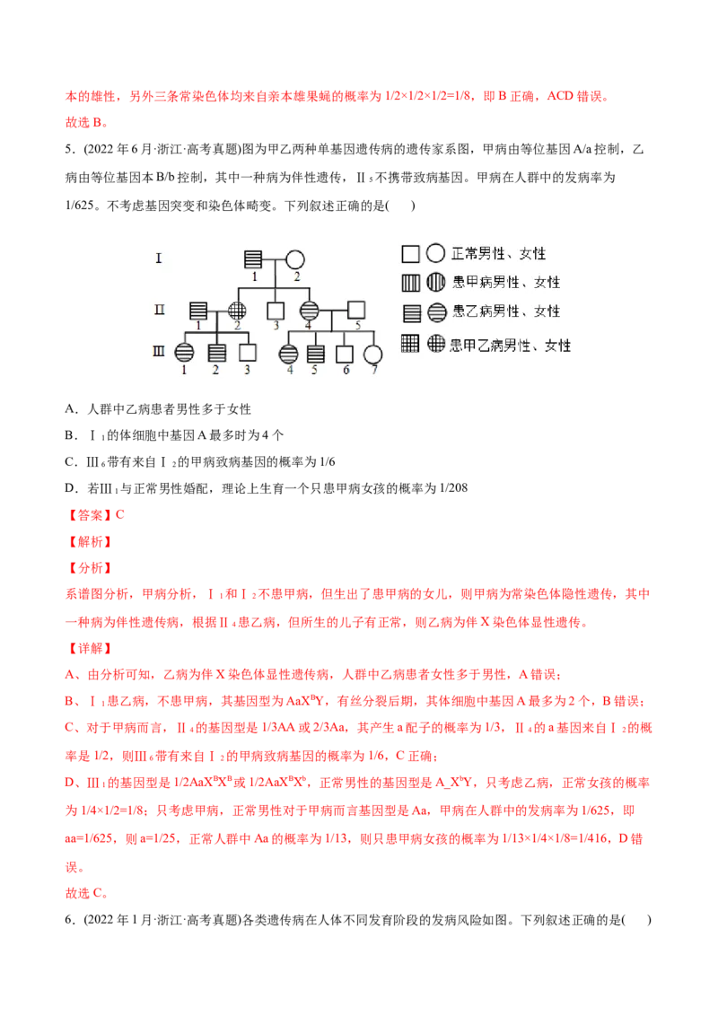 专题07伴性遗传和人类遗传病-2022年高考真题和模拟题生物分专题训练（教师版含解析）_2024年新高考资料_1.2024一轮复习_赠2022年高考生物真题与模拟题分类