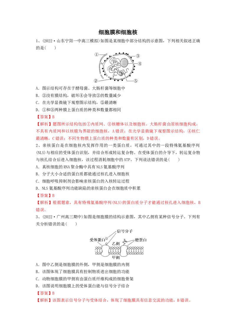 专题04细胞膜和细胞核（精练）（解析版）_2024年新高考资料_1.2024一轮复习_备战2024年高考生物一轮复习串讲精练（新高考专用）