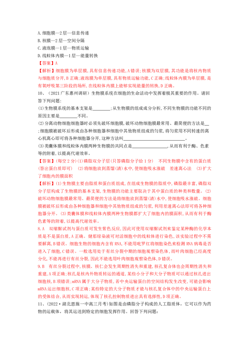 专题04细胞膜和细胞核（精练）（解析版）_2024年新高考资料_1.2024一轮复习_备战2024年高考生物一轮复习串讲精练（新高考专用）