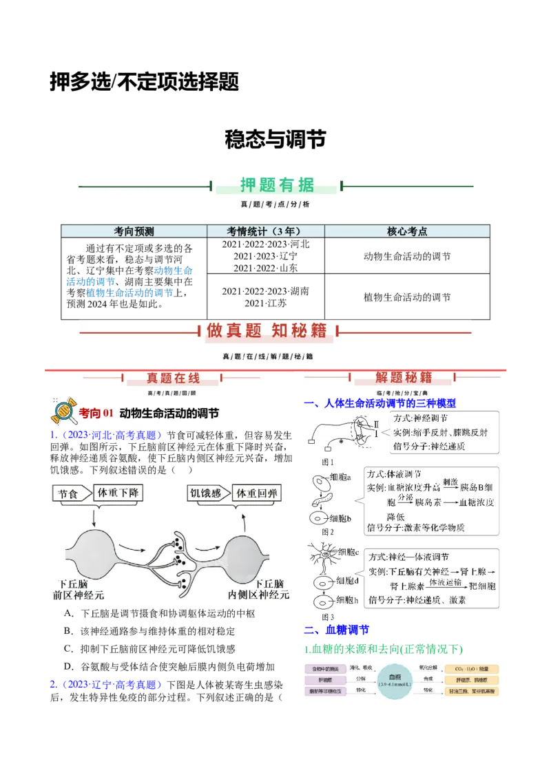 押新高考卷稳态与调节（原卷版）-备战2024年高考生物临考题号押题（新高考通用）_2024年新高考资料_5.2024三轮冲刺_备战2024年高考生物临考题号押题（新高考通用）322745222