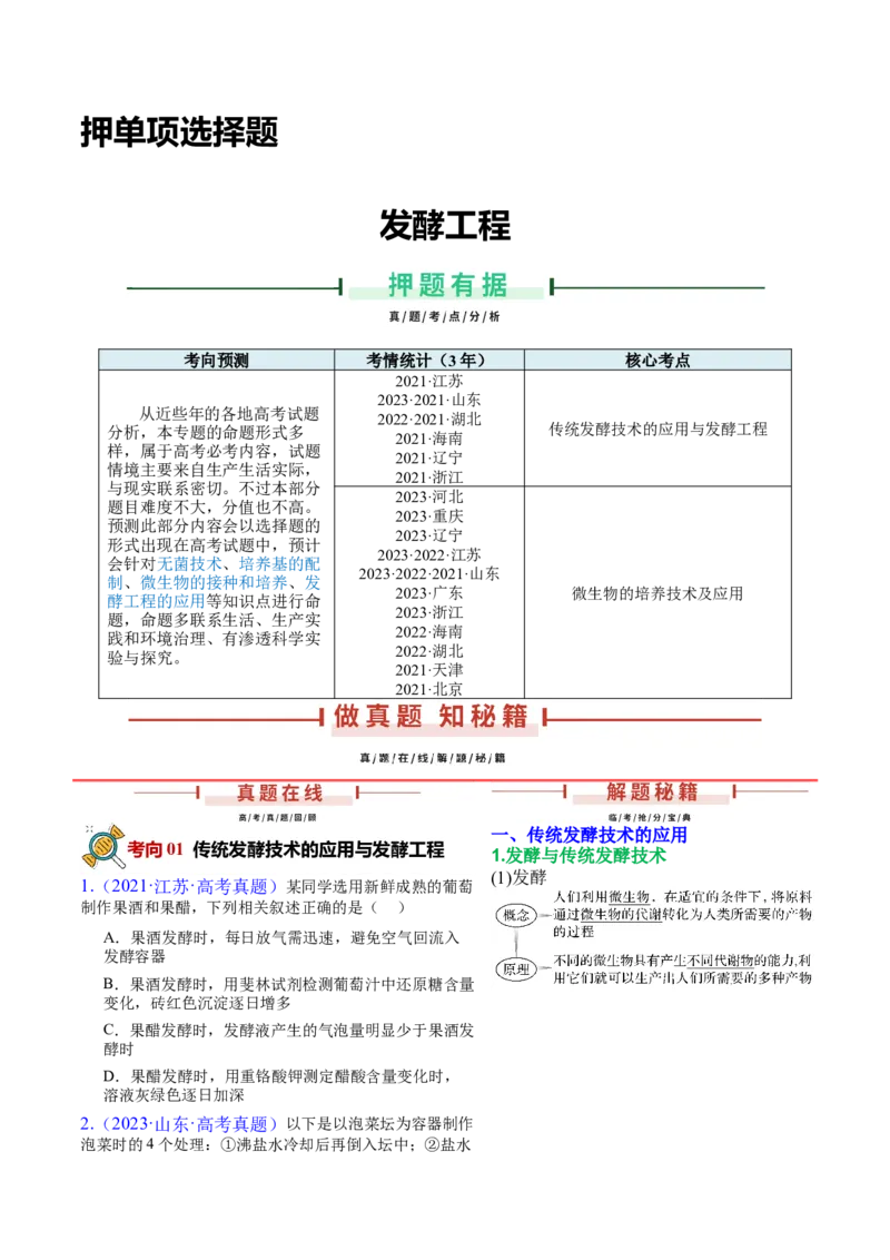 押新高考卷发酵工程（解析版）-备战2024年高考生物临考题号押题（新高考通用）(1)_2024年新高考资料_5.2024三轮冲刺_备战2024年高考生物临考题号押题（新高考通用）322745222