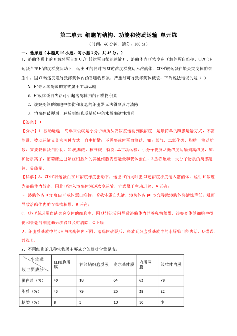 单元检测卷02细胞的结构、功能和物质运输（解析版）_2024年新高考资料_1.2024一轮复习_2024年高考生物一轮复习考点通关卷（新高考通用）