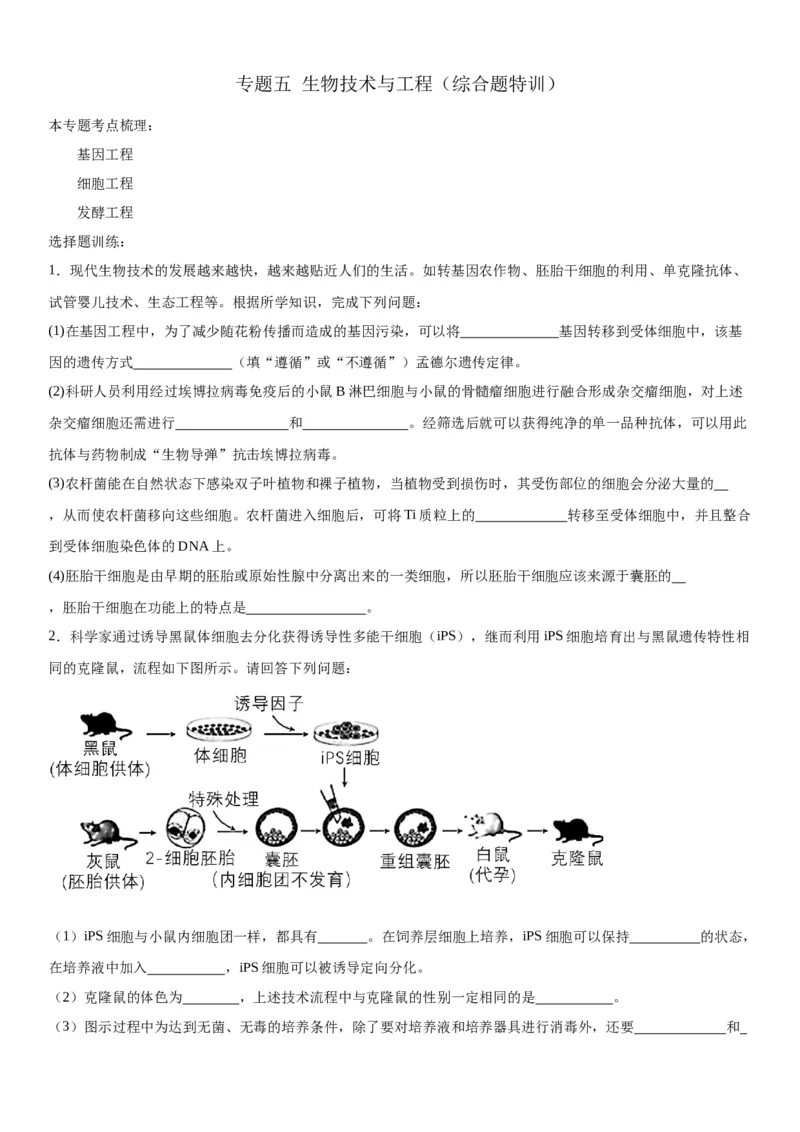 专题五生物技术与工程（综合题特训）-2024年高考生物二轮复习专题训练（全国通用）（原卷版）_2024年新高考资料_2.2024二轮复习_2024年高考生物二轮复习专题训练（全国通用）