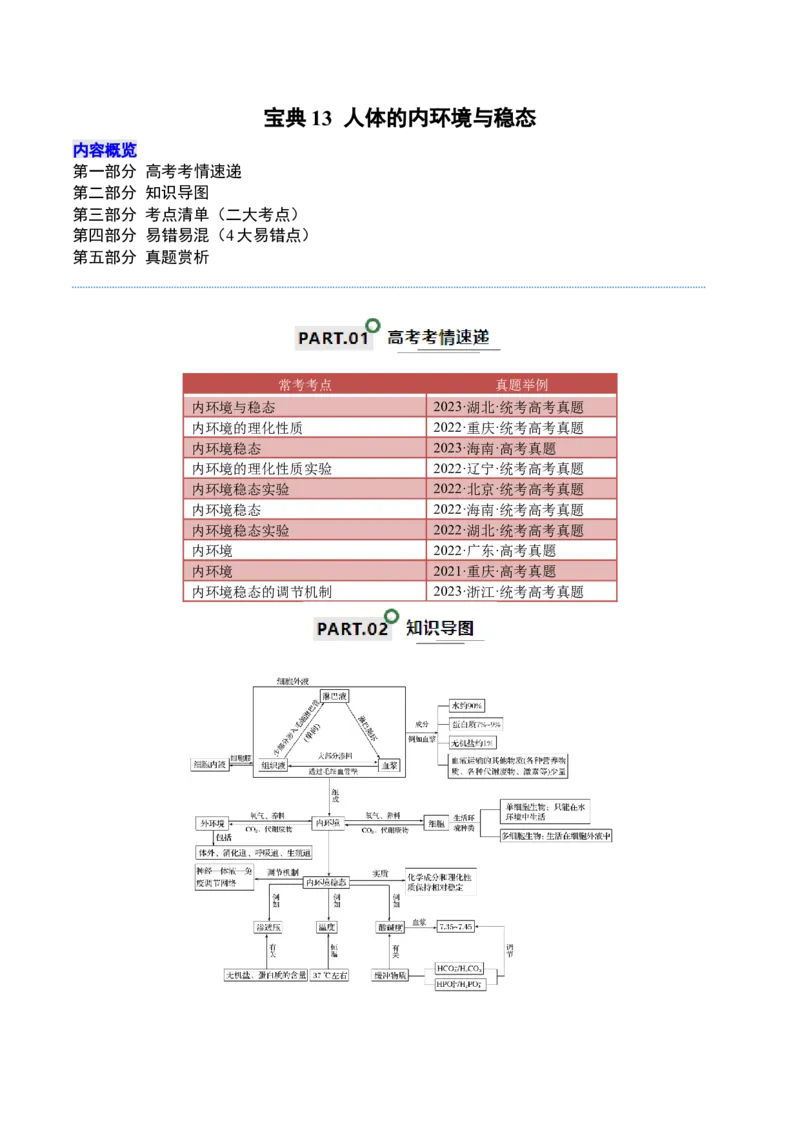 宝典13人体的内环境与稳态（原卷版）_2024年新高考资料_1.2024一轮复习_2024年高考生物一轮复习知识清单