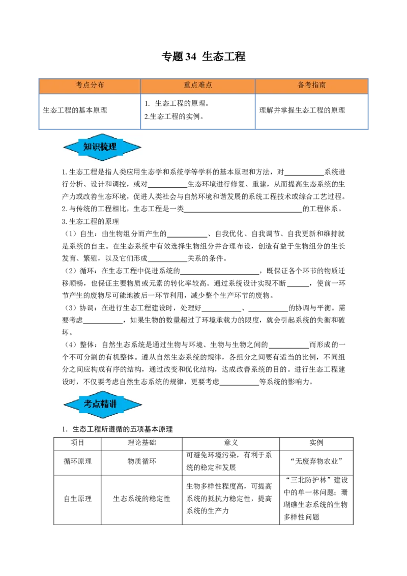 专题34生态工程（串讲）（原卷版）_2024年新高考资料_1.2024一轮复习_备战2024年高考生物一轮复习串讲精练（新高考专用）