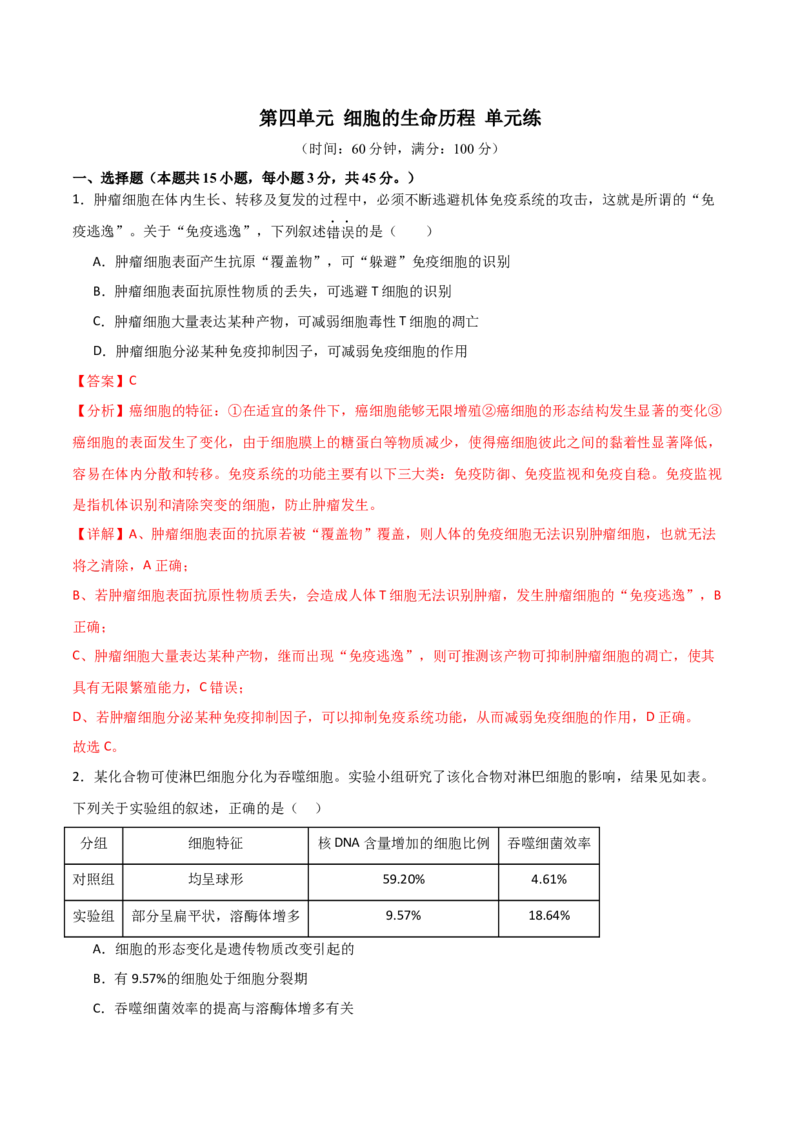 单元检测卷04细胞的生命历程（解析版）_2024年新高考资料_1.2024一轮复习_2024年高考生物一轮复习考点通关卷（新高考通用）