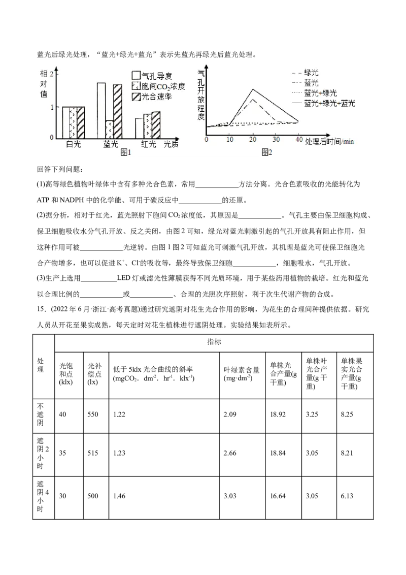 专题03光合作用和细胞呼吸-2022年高考真题和模拟题生物分专题训练（学生版）_2024年新高考资料_1.2024一轮复习_赠2022年高考生物真题与模拟题分类