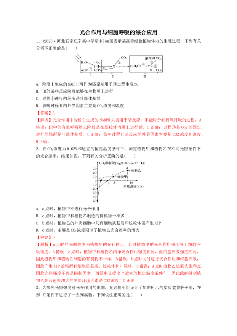 专题10光合作用与细胞呼吸的综合应用（精练）（解析版）_2024年新高考资料_1.2024一轮复习_备战2024年高考生物一轮复习串讲精练（新高考专用）