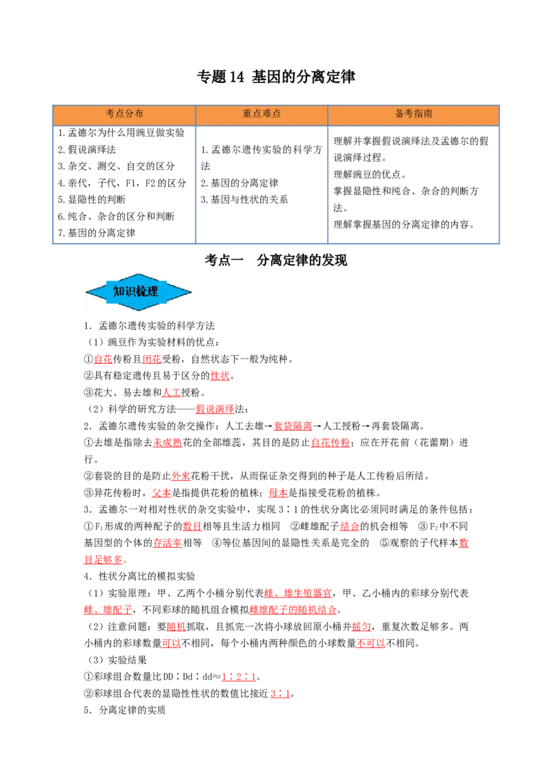 专题14基因的分离定律（串讲）（解析版）_2024年新高考资料_1.2024一轮复习_备战2024年高考生物一轮复习串讲精练（新高考专用）