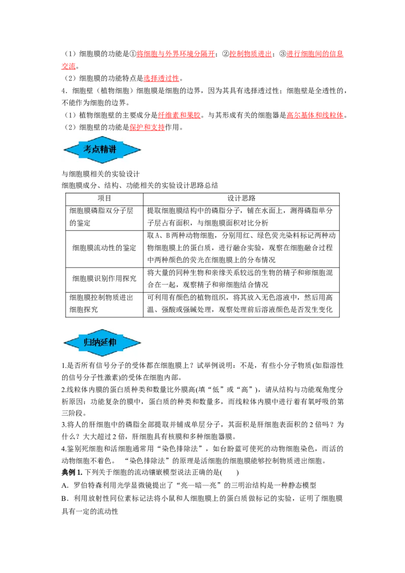 专题04细胞膜和细胞核（串讲）（解析版）_2024年新高考资料_1.2024一轮复习_备战2024年高考生物一轮复习串讲精练（新高考专用）
