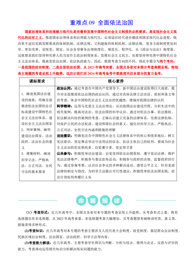 重难点09全面依法治国（原卷版）_新高考复习资料_2024年新高考资料_专项复习资料_❤2024年高考政治热点&middot;重点&middot;难点专练（新高考专用）_重难点