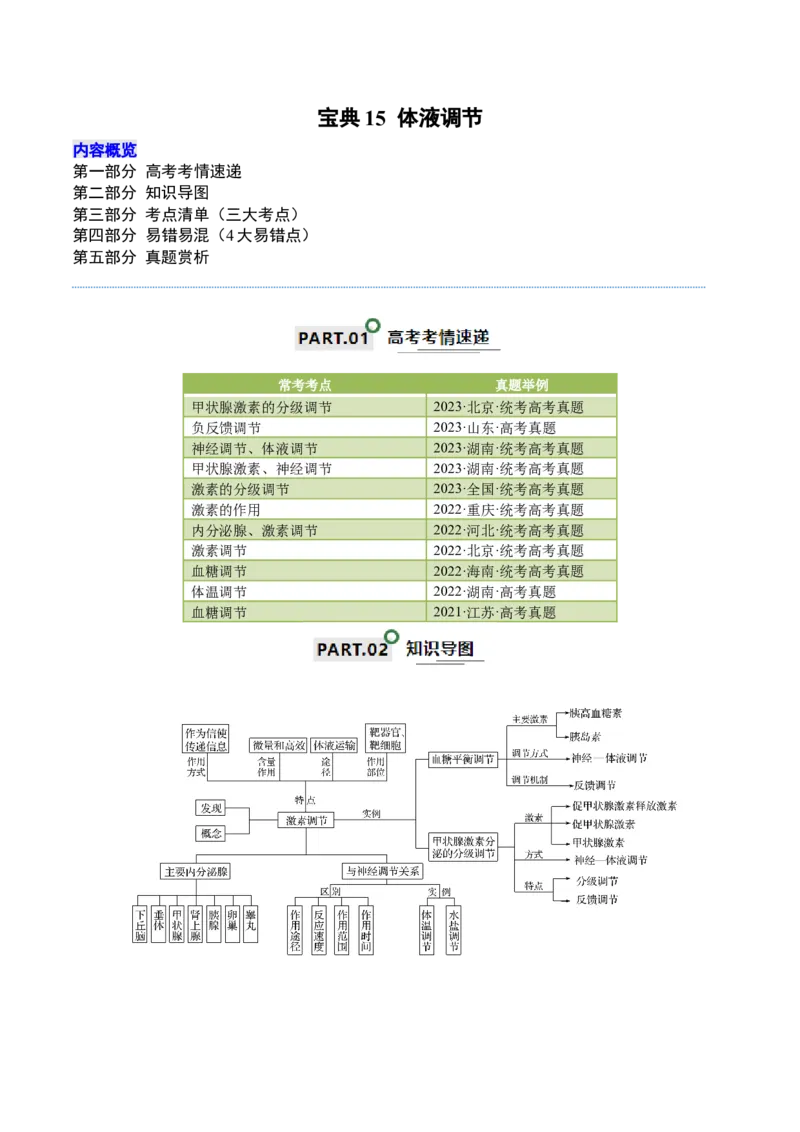 宝典15体液调节（原卷版）_2024年新高考资料_1.2024一轮复习_2024年高考生物一轮复习知识清单
