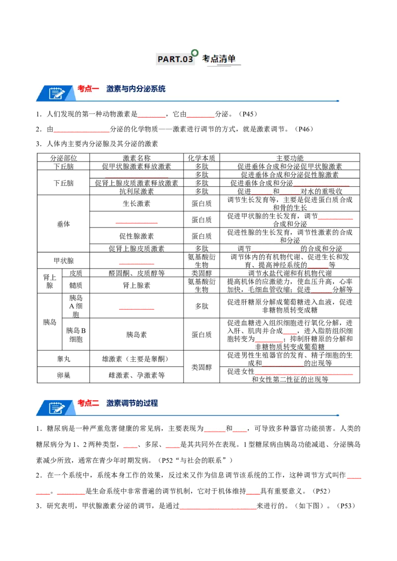 宝典15体液调节（原卷版）_2024年新高考资料_1.2024一轮复习_2024年高考生物一轮复习知识清单