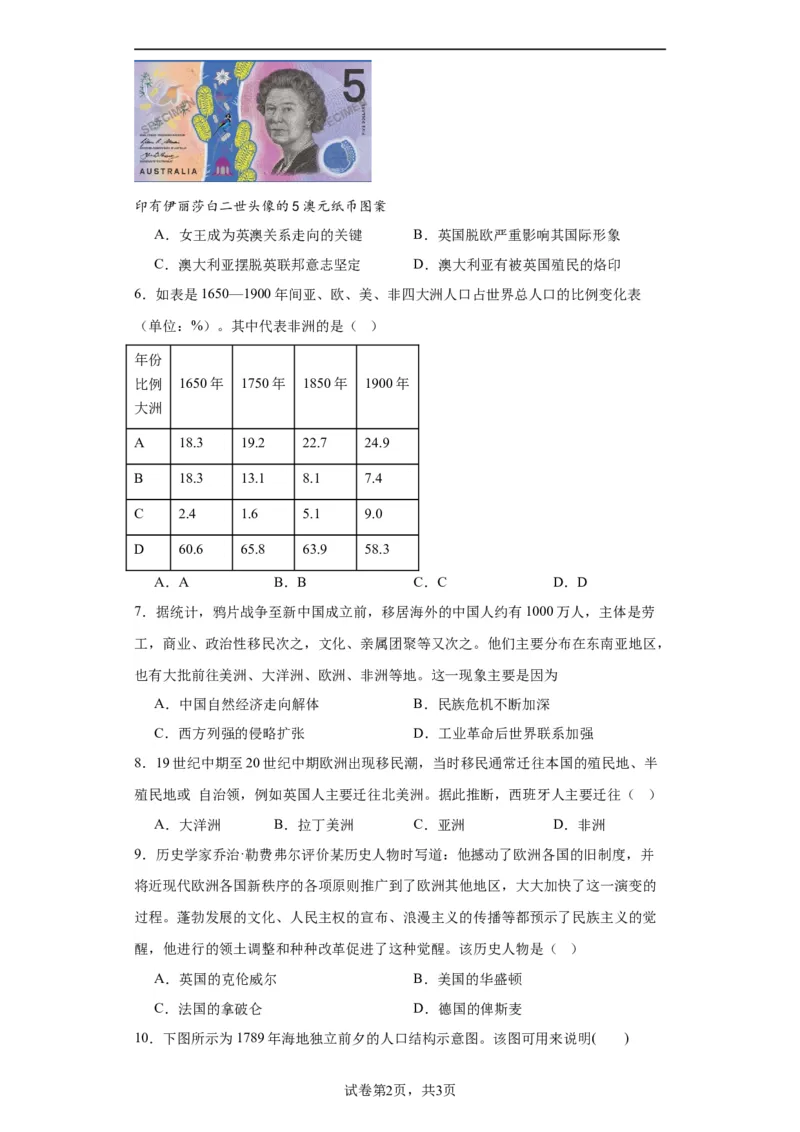 近代殖民活动和人口的跨地域转移专项练习--2024届高三历史统编版二轮复习原卷版_2024年新高考资料_2.2024二轮复习_2024届高三历史统编版二轮复习专项训练