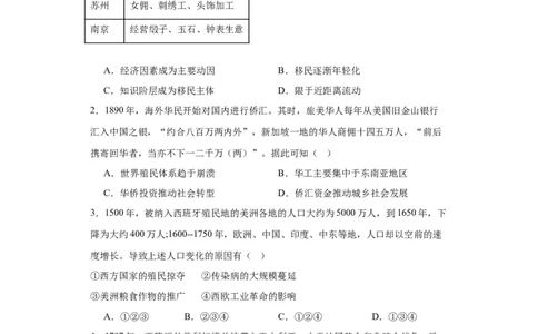 近代殖民活动和人口的跨地域转移专项练习--2024届高三历史统编版二轮复习原卷版_2024年新高考资料_2.2024二轮复习_2024届高三历史统编版二轮复习专项训练