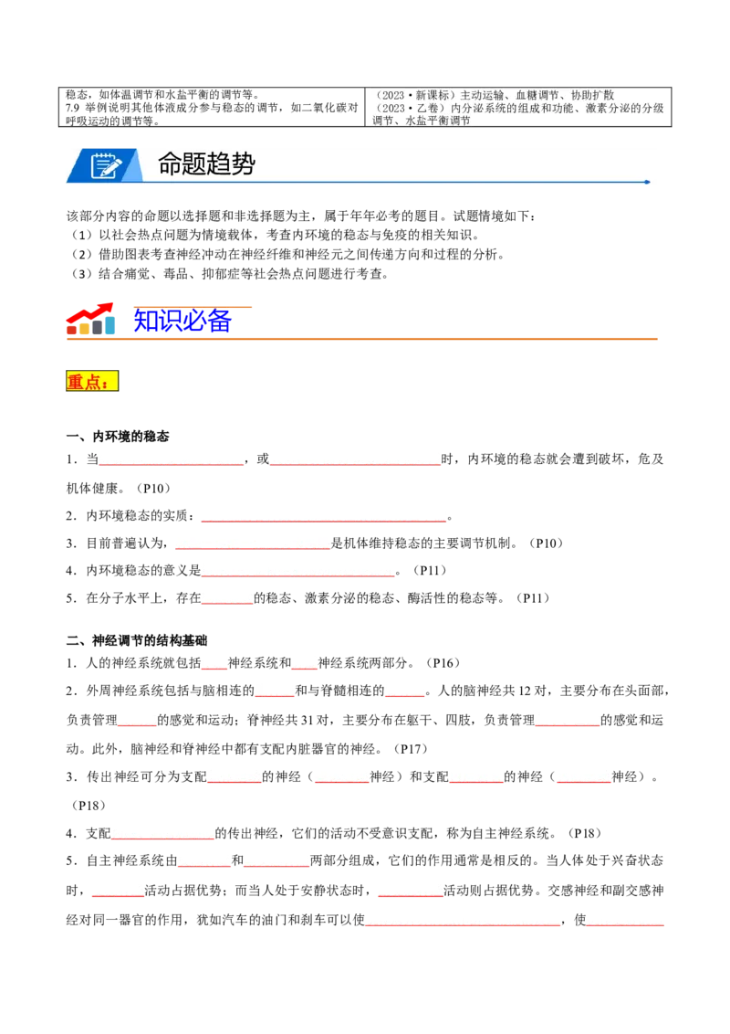 专题07动物生命活动调节（原卷版）_2024年新高考资料_3.2024专项复习_2024年高考生物热点&middot;重点&middot;难点专练（新高考专用）