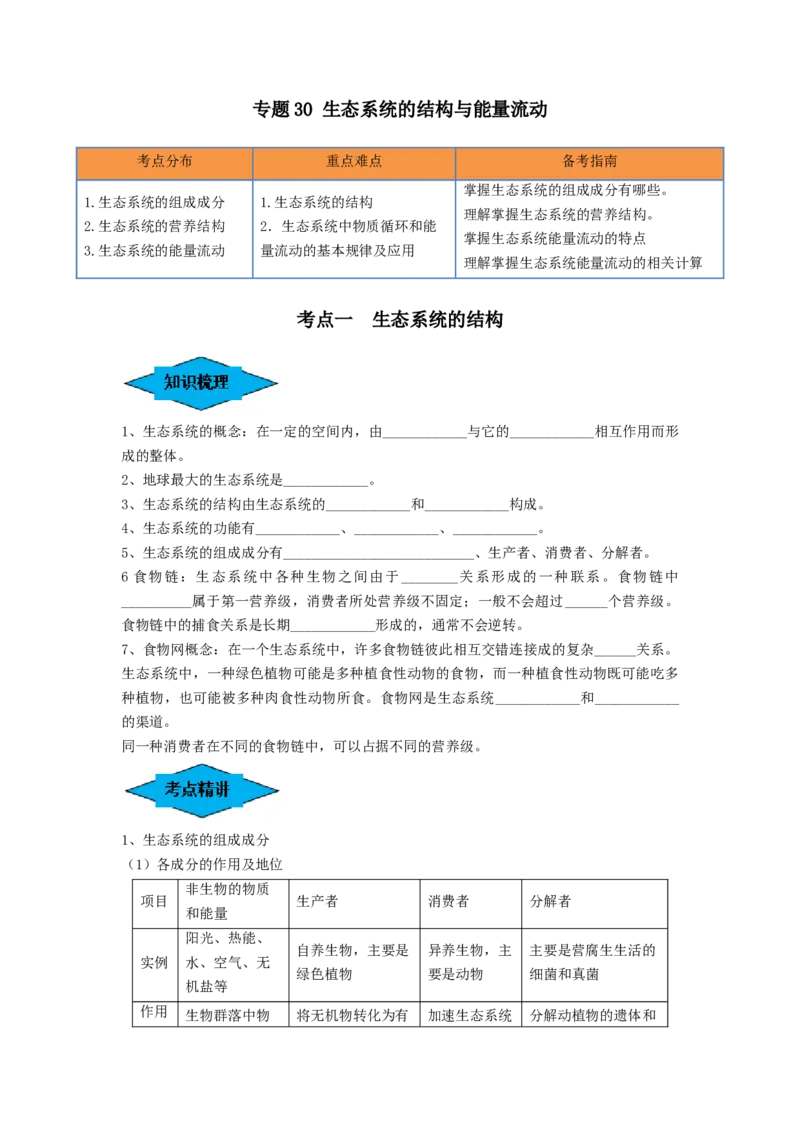 专题30生态系统的结构与能量流动（串讲）（原卷版）_2024年新高考资料_1.2024一轮复习_备战2024年高考生物一轮复习串讲精练（新高考专用）