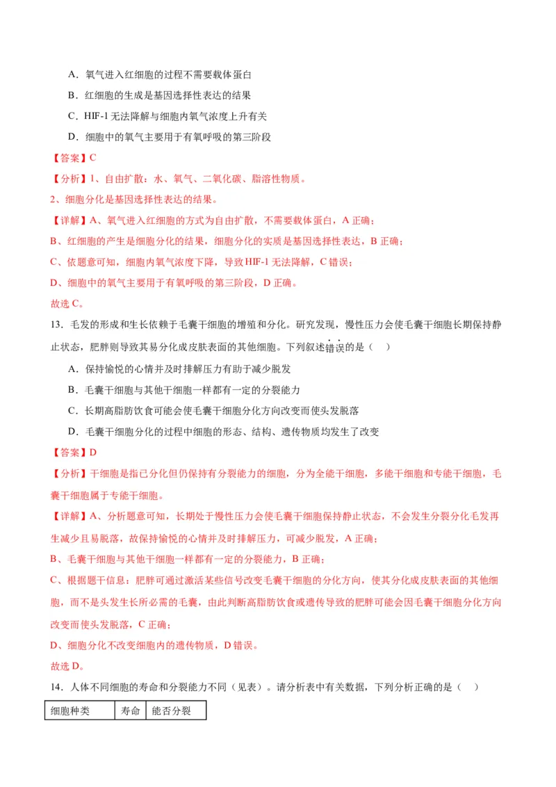 专题14细胞分化、衰老、凋亡和癌变（解析版)_2024年新高考资料_3.2024专项复习_备战2024年高考生物一轮复习重难点专项突破_专题14细胞分化、衰老、凋亡和癌变