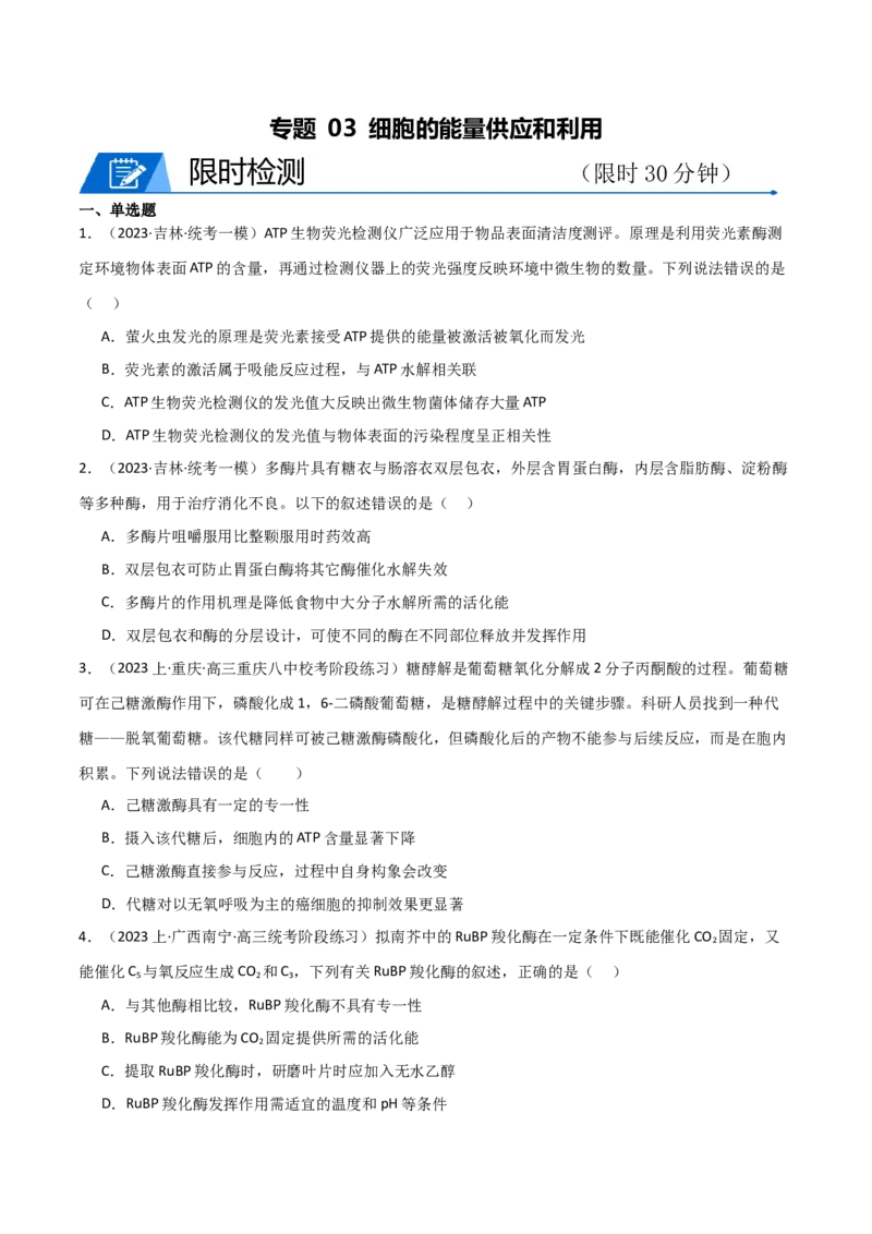 专题03细胞的能量供应和利用（限时检测卷）_2024年新高考资料_3.2024专项复习_2024年高考生物热点&middot;重点&middot;难点专练（新高考专用）