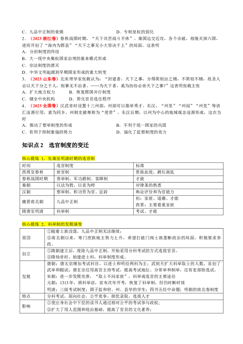 专题01古代中国的政治制度与国家治理（讲义）（原卷版）_2024年新高考资料_2.2024二轮复习_2024年高考历史二轮复习讲练测（新教材新高考）