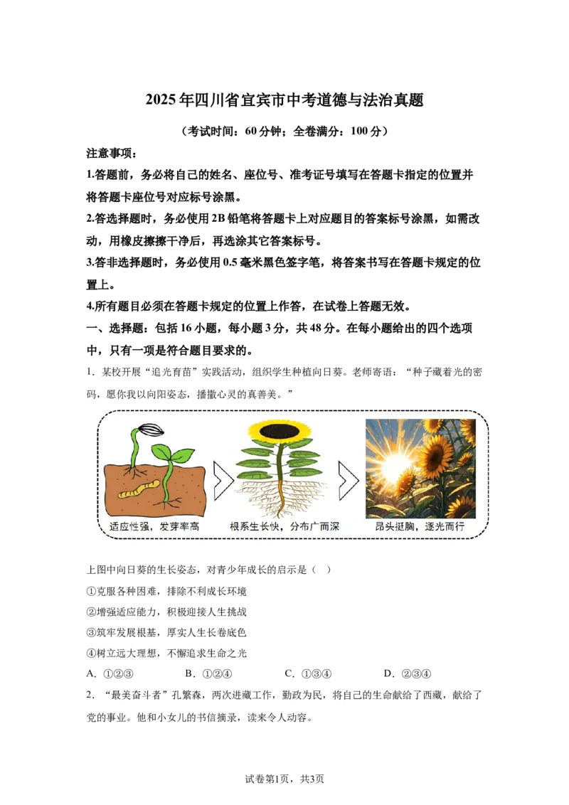 2025年四川省宜宾市中考道德与法治真题_7.2015-2025年中考道法_7.2025各省市道法_四川