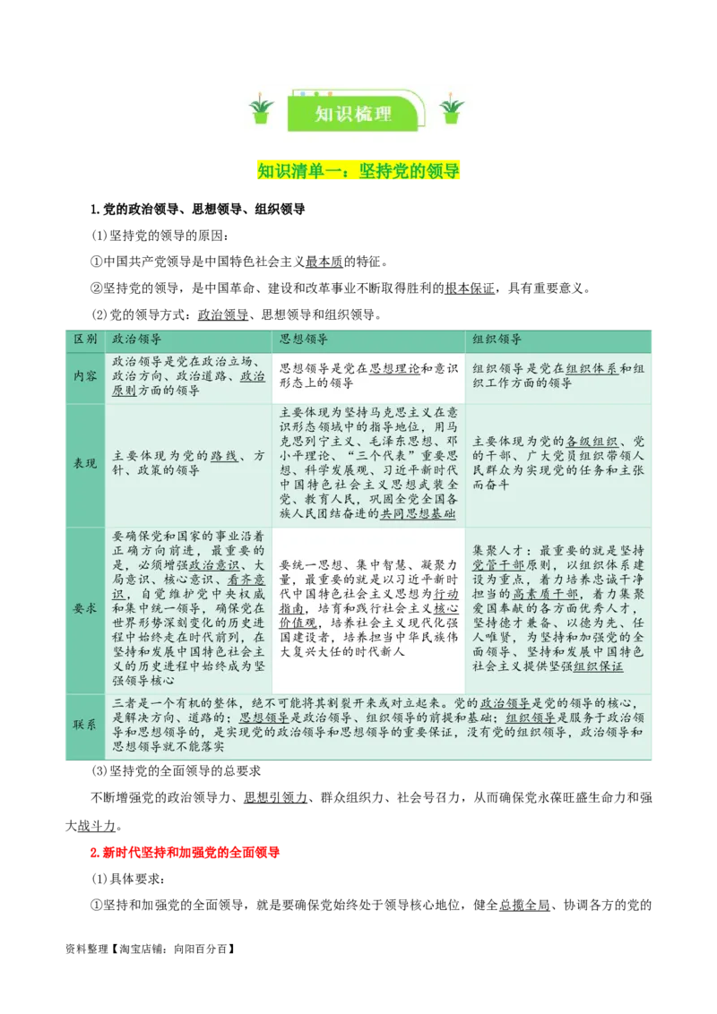 专题11坚持和加强党的全面领导_新高考复习资料_2024年新高考资料_一轮复习资料_口袋书2024年高考政治一轮复习知识清单（新高考通用）