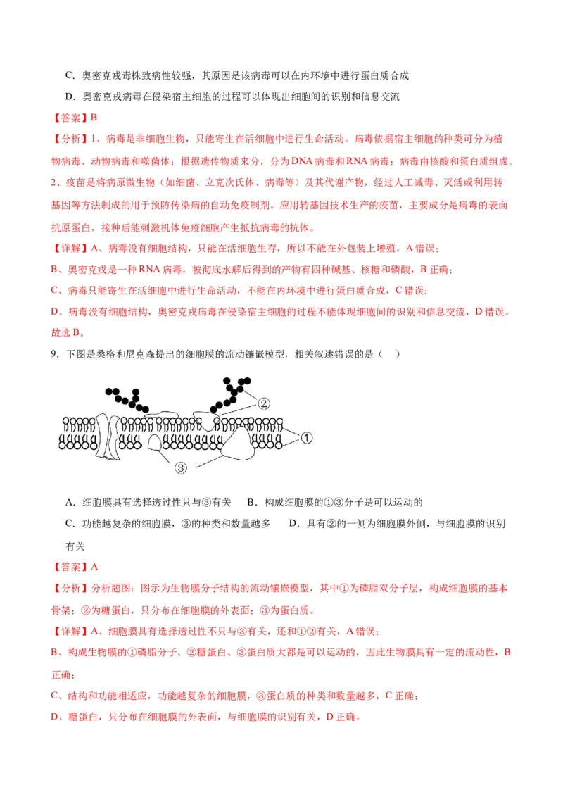 专题5细胞膜和细胞核（解析版)_2024年新高考资料_3.2024专项复习_备战2024年高考生物一轮复习重难点专项突破_专题05细胞膜和细胞核-备战2024年高考生物一轮复习重难点专项突破