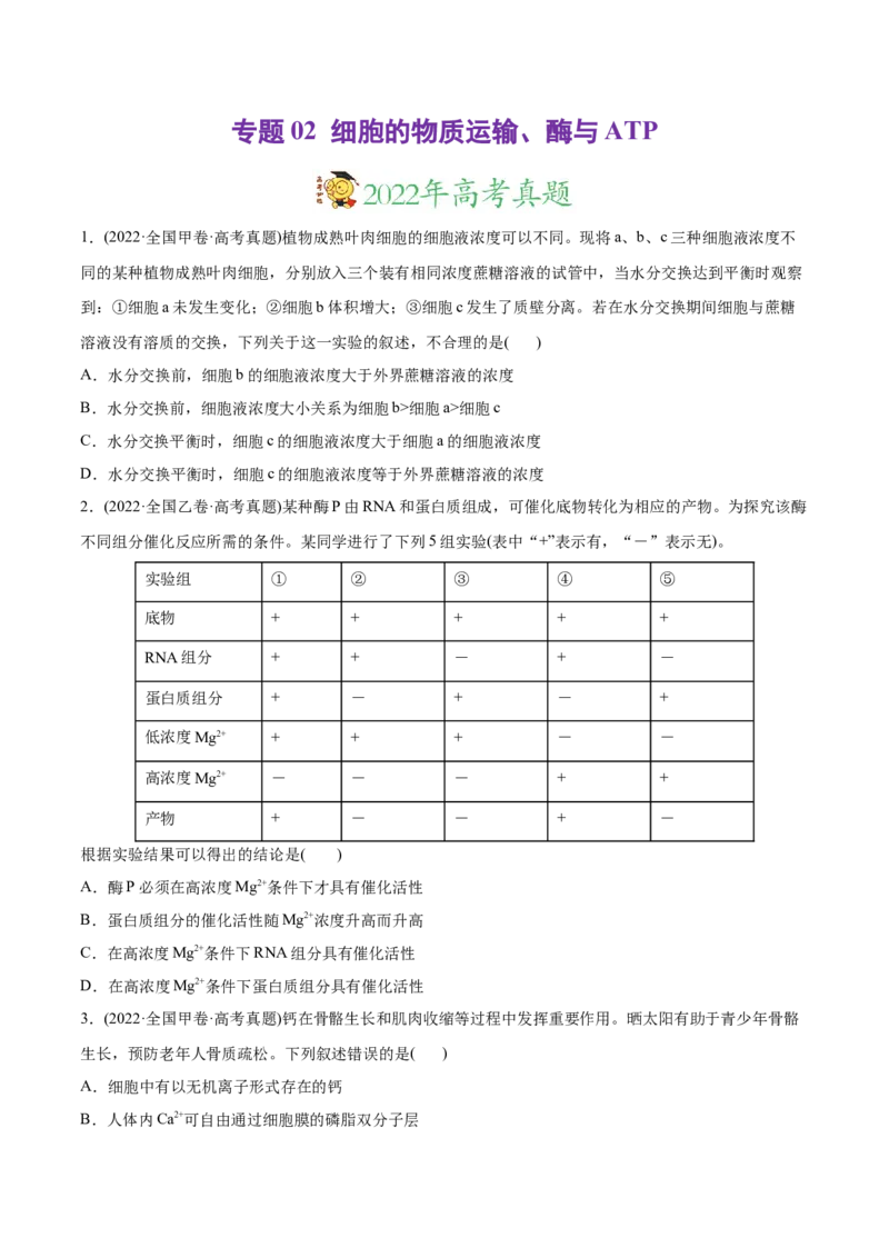 专题02细胞的物质运输、酶与ATP-2022年高考真题和模拟题生物分专题训练（学生版）_2024年新高考资料_1.2024一轮复习_赠2022年高考生物真题与模拟题分类