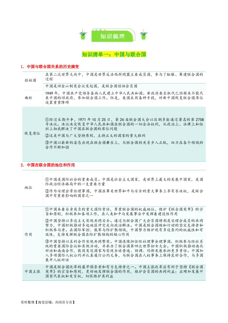 专题35中国与国际组织_新高考复习资料_2024年新高考资料_一轮复习资料_口袋书2024年高考政治一轮复习知识清单（新高考通用）