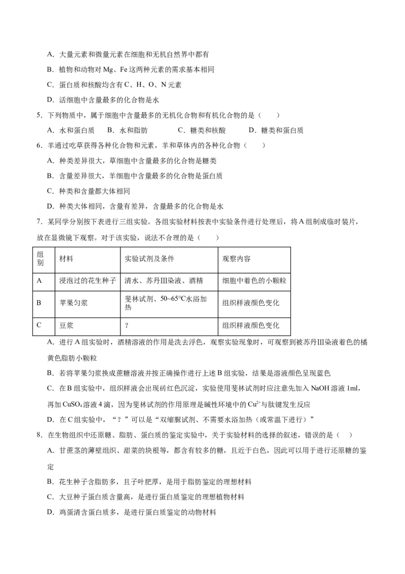 专题2细胞中的元素和化合物（原卷版)_2024年新高考资料_3.2024专项复习_备战2024年高考生物一轮复习重难点专项突破