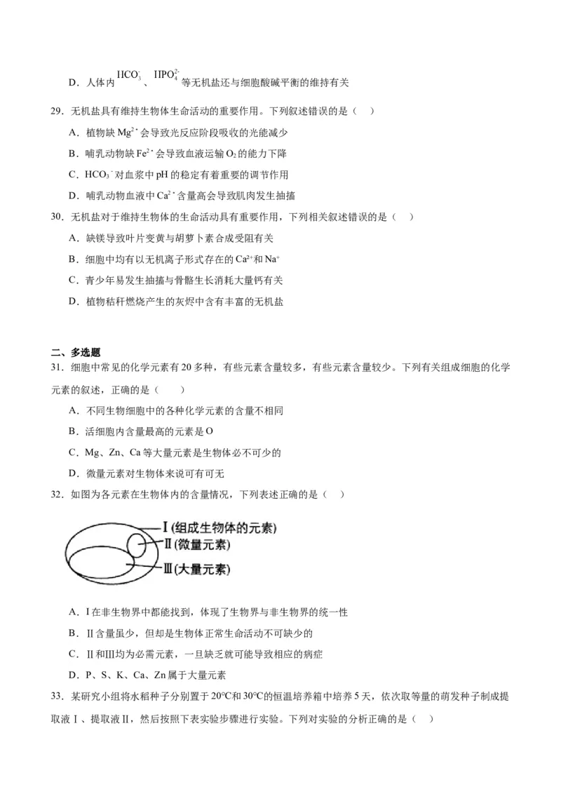 专题2细胞中的元素和化合物（原卷版)_2024年新高考资料_3.2024专项复习_备战2024年高考生物一轮复习重难点专项突破