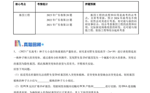 押广东卷第20题基因工程（原卷版）_2024年新高考资料_5.2024三轮冲刺_备战2024年高考生物临考题号押题（广东专用）323137816