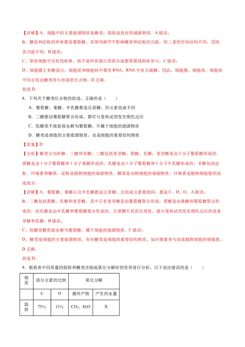 专题3糖类和脂质（解析版)_2024年新高考资料_3.2024专项复习_备战2024年高考生物一轮复习重难点专项突破_专题03糖类和脂质-备战2024年高考生物一轮复习重难点专项突破