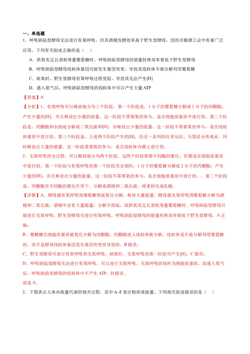 专题9细胞呼吸（解析版)_2024年新高考资料_3.2024专项复习_备战2024年高考生物一轮复习重难点专项突破_专题09细胞呼吸-备战2024年高考生物一轮复习重难点专项突破