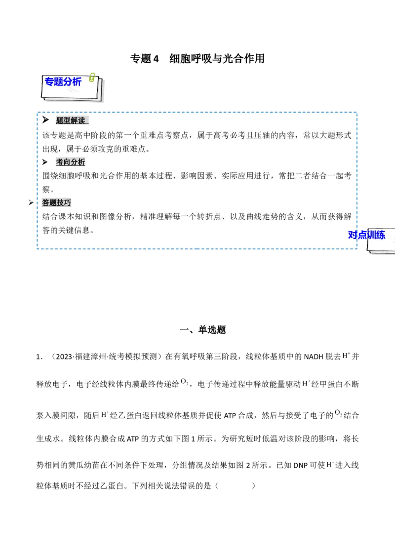专题04细胞呼吸和光合作用（原卷版）_2024年新高考资料_3.2024专项复习_备战2024年高考生物一轮复习重难点突破讲解与训练（新教材）