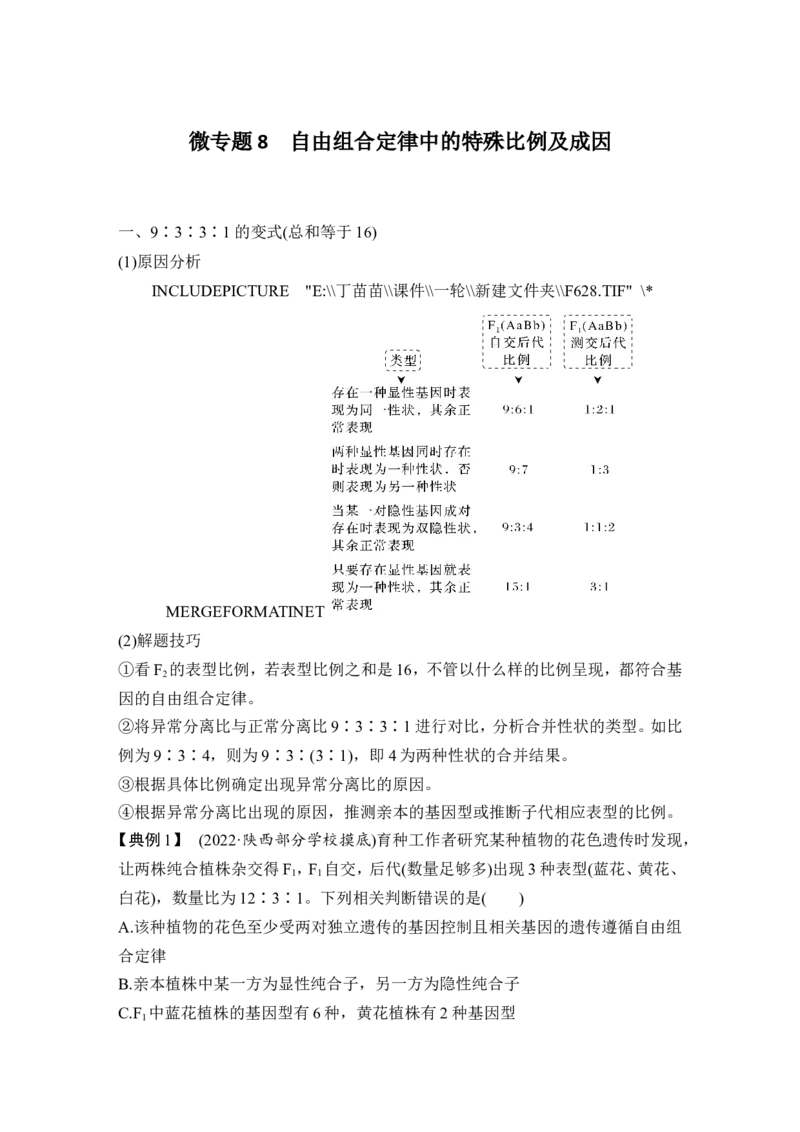 微专题8自由组合定律中的特殊比例及成因_2024年新高考资料_1.2024一轮复习_2024年高考生物一轮复习讲义（新人教版）_另附1套Word版题库_必修2_第五单元遗传的基本规律