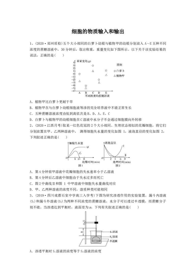 专题06细胞的物质输入和输出（精练）（原卷版）_2024年新高考资料_1.2024一轮复习_备战2024年高考生物一轮复习串讲精练（新高考专用）