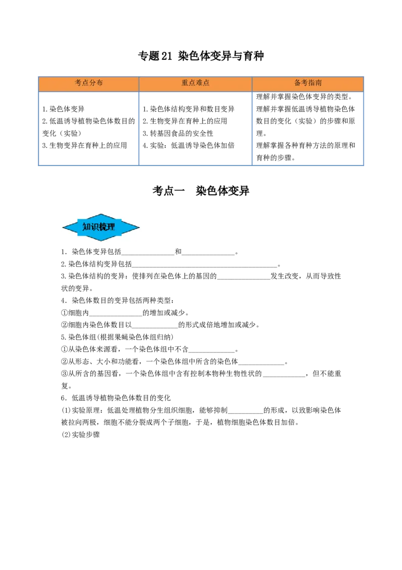 专题21染色体变异与育种（串讲）（原卷版）_2024年新高考资料_1.2024一轮复习_备战2024年高考生物一轮复习串讲精练（新高考专用）