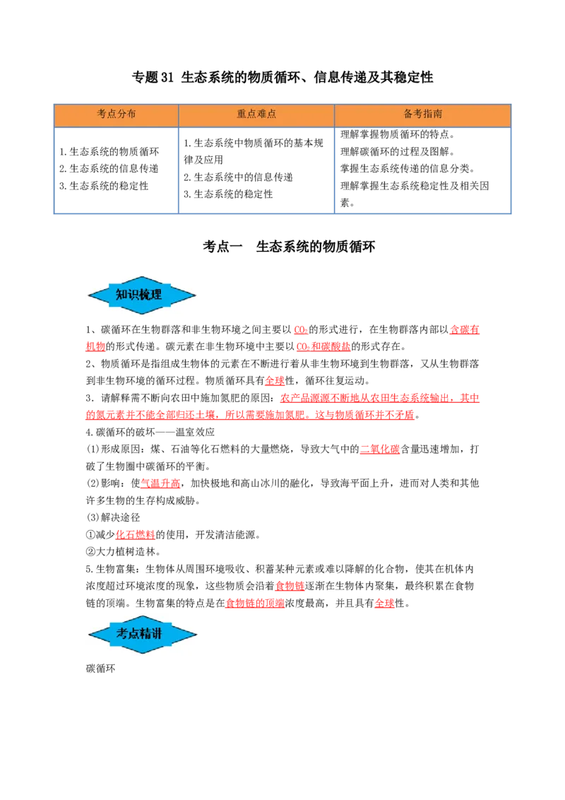 专题31生态系统的物质循环、信息传递及其稳定性（串讲）（解析版）_2024年新高考资料_1.2024一轮复习_备战2024年高考生物一轮复习串讲精练（新高考专用）