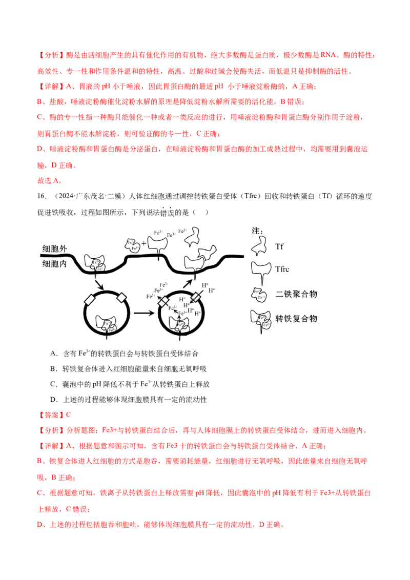 押广东卷选择题细胞的物质基础和结构基础（解析版）_2024年新高考资料_5.2024三轮冲刺_备战2024年高考生物临考题号押题（广东专用）323137816