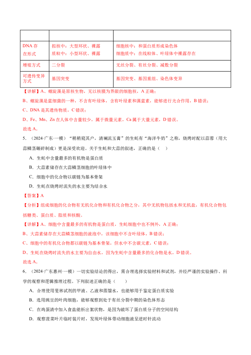 押广东卷选择题细胞的物质基础和结构基础（解析版）_2024年新高考资料_5.2024三轮冲刺_备战2024年高考生物临考题号押题（广东专用）323137816