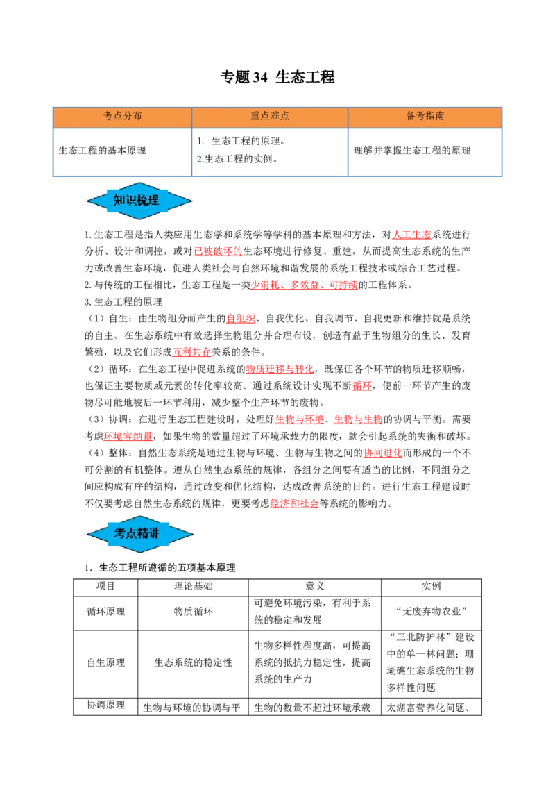 专题34生态工程（串讲）（解析版）_2024年新高考资料_1.2024一轮复习_备战2024年高考生物一轮复习串讲精练（新高考专用）