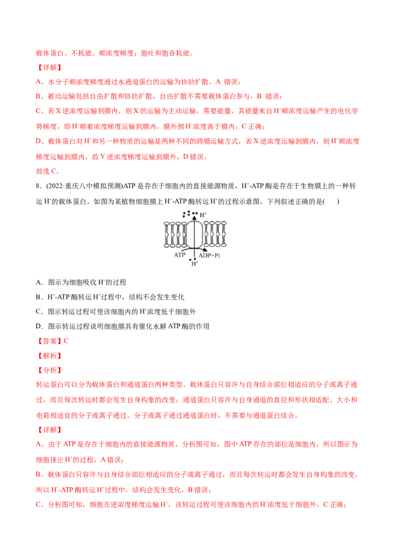 专题02细胞的物质运输、酶与ATP-2022年高考真题和模拟题生物分专题训练（教师版含解析）_2024年新高考资料_1.2024一轮复习_赠2022年高考生物真题与模拟题分类
