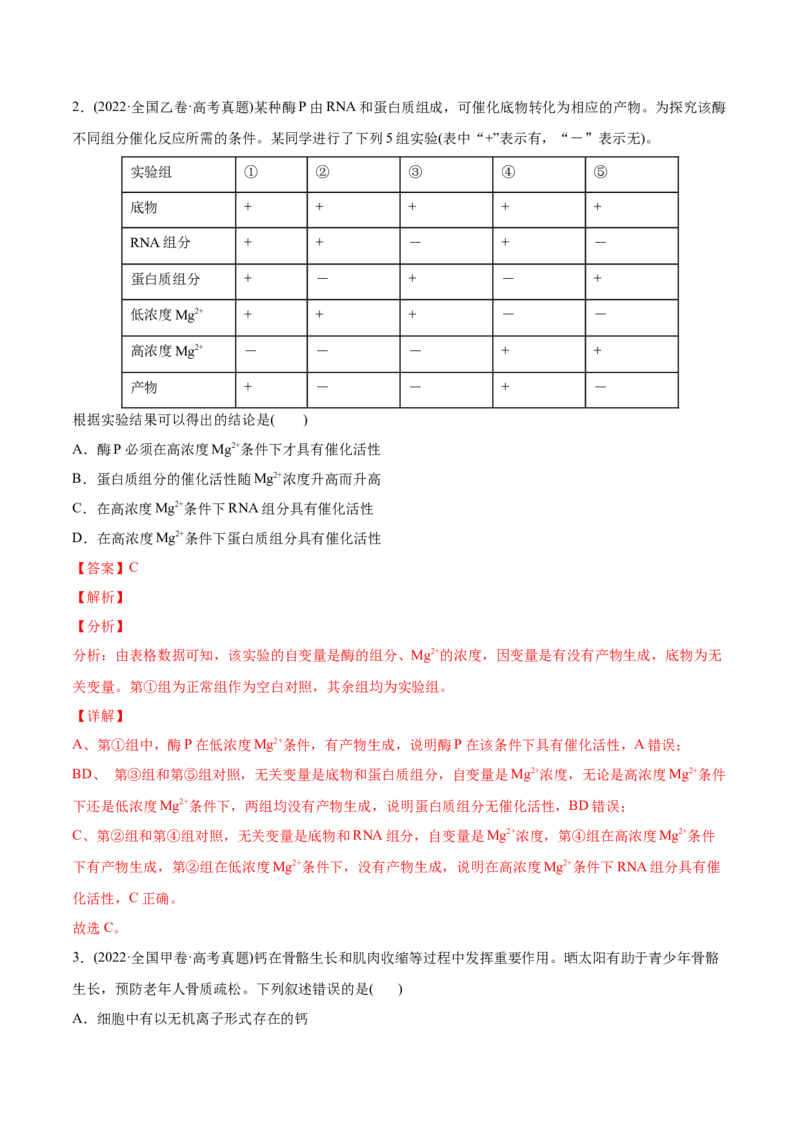 专题02细胞的物质运输、酶与ATP-2022年高考真题和模拟题生物分专题训练（教师版含解析）_2024年新高考资料_1.2024一轮复习_赠2022年高考生物真题与模拟题分类