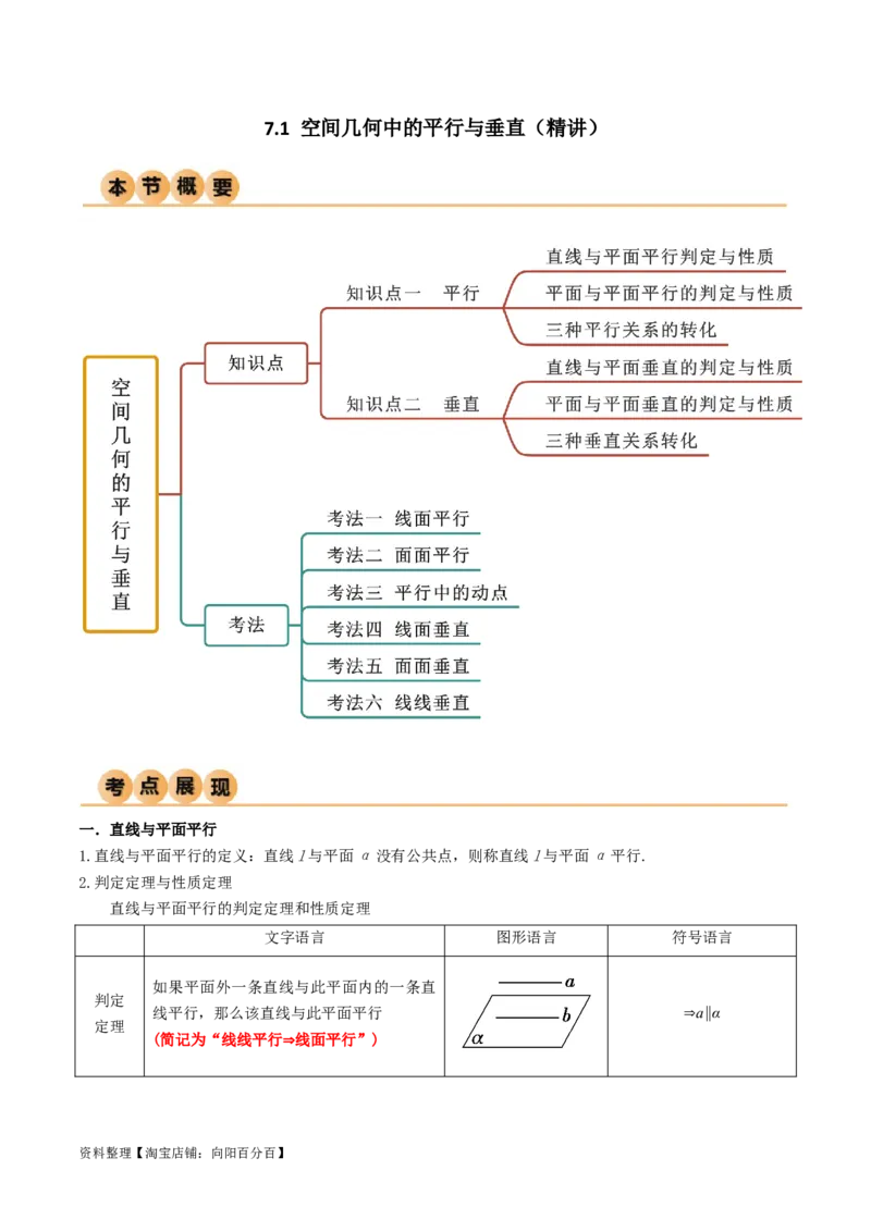 7.1空间几何中的平行与垂直（精讲）（教师版）_02高考数学_新高考复习资料_2024年新高考资料_一轮复习资料_完2024年高考数学一轮复习一隅三反系列（新高考）
