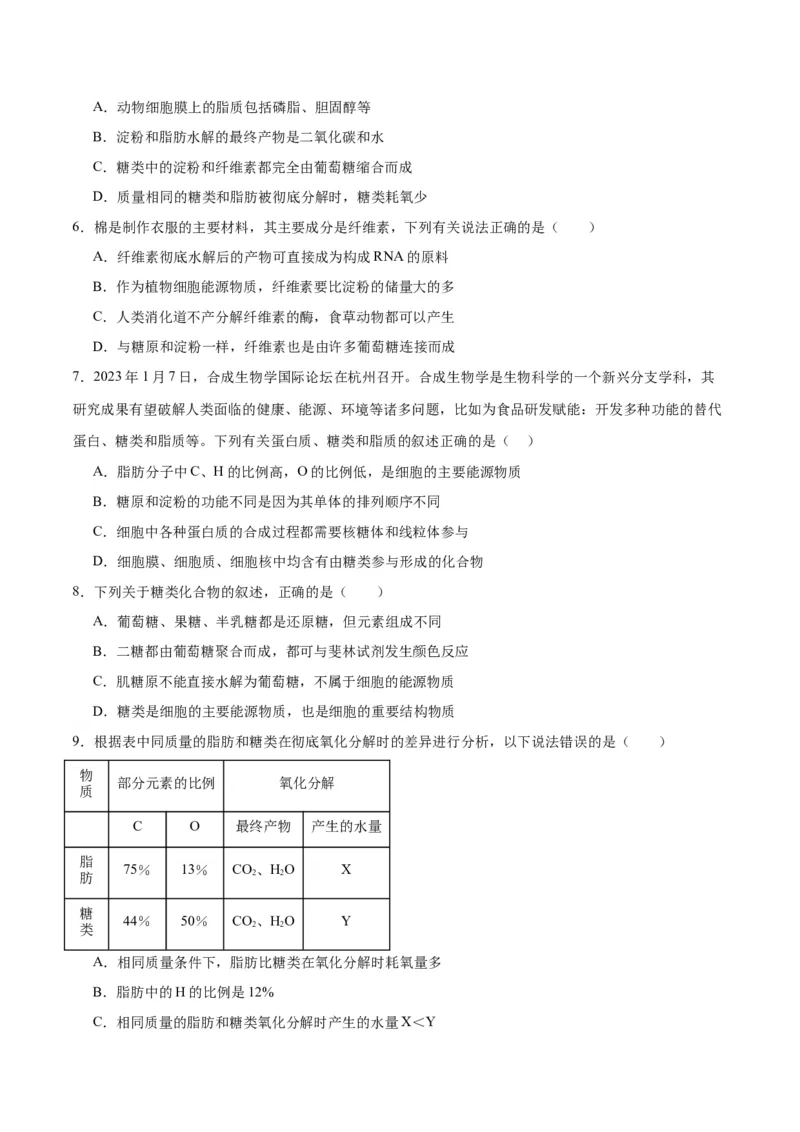 专题3糖类和脂质（原卷版)_2024年新高考资料_3.2024专项复习_备战2024年高考生物一轮复习重难点专项突破_专题03糖类和脂质-备战2024年高考生物一轮复习重难点专项突破