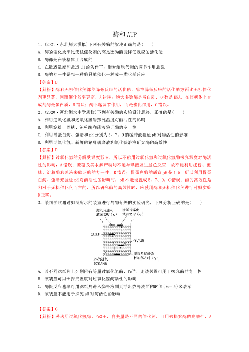 专题07酶和ATP（精练）（解析版）_2024年新高考资料_1.2024一轮复习_备战2024年高考生物一轮复习串讲精练（新高考专用）